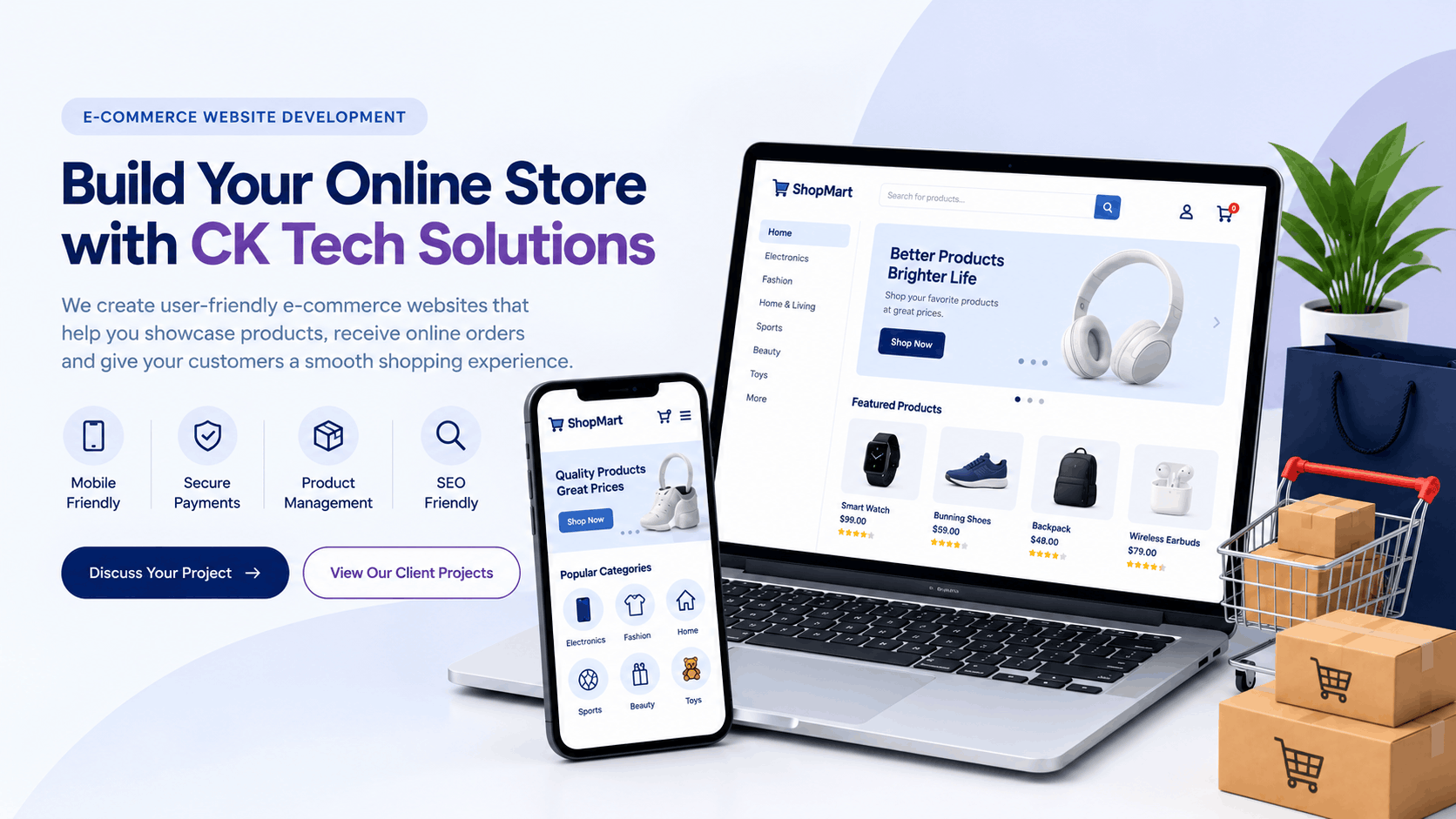 Responsive online store displayed on a laptop and mobile phone with shopping products