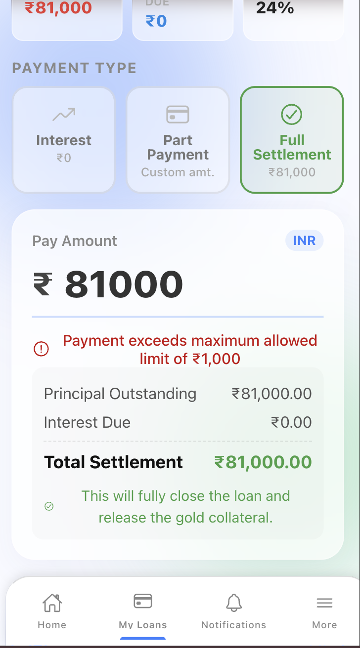 FinApp customer mobile app loan checkout screen showing selected loan, outstanding amount, interest due and payment amount