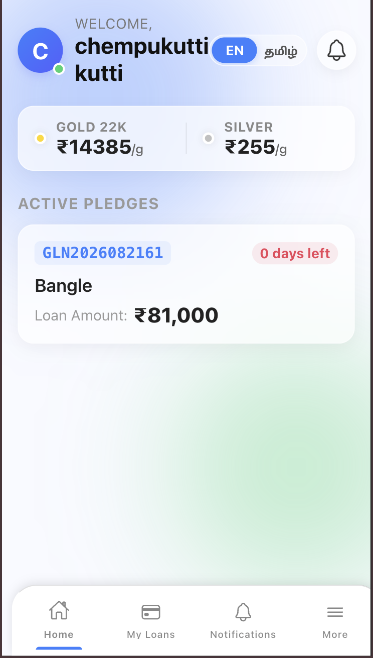 FinApp customer mobile app home screen showing gold and silver rates and active pawn loan
