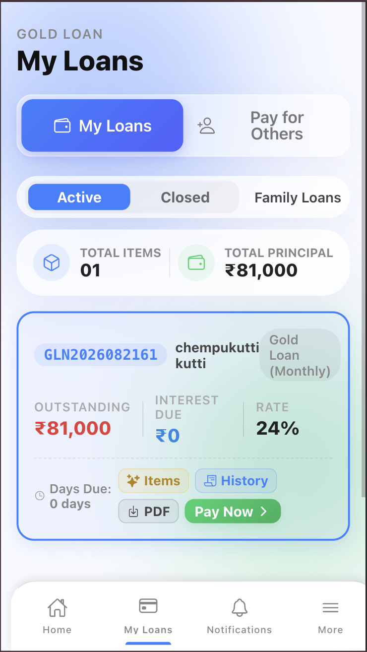 FinApp customer mobile app My Loans screen showing active pawn loan, outstanding amount, interest due and payment options
