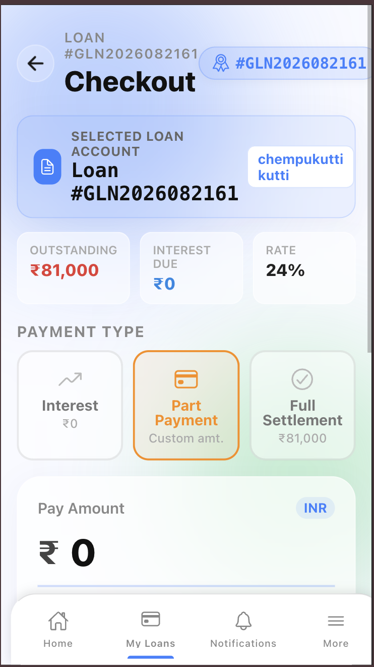 FinApp customer mobile app payment screen showing interest, part payment and full settlement options