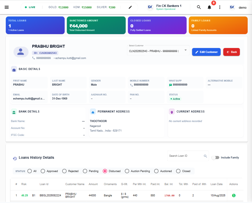 Customer Summary Dashboard in FinApp Pawn Broking Software