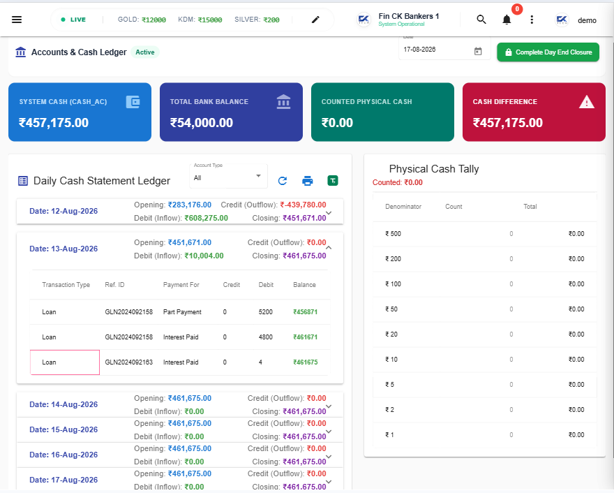 FinApp day closure screen showing cash, receipts, payments, income, expenses and closing balance