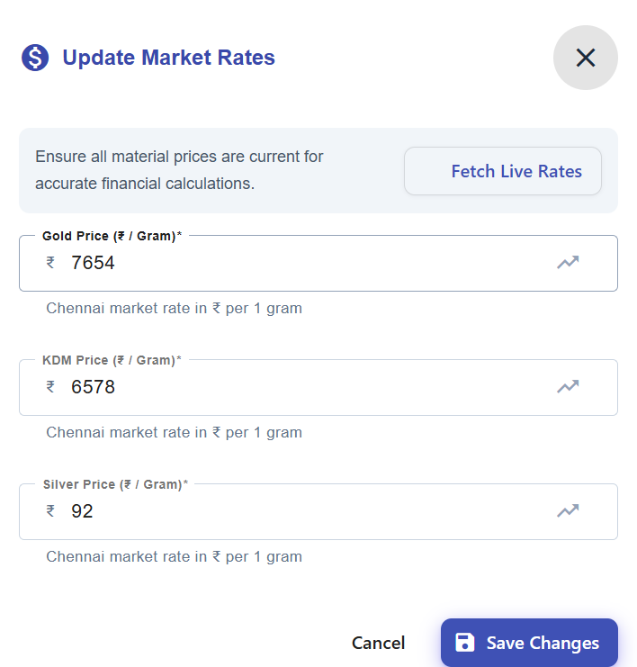 FinApp gold silver and KDM rate management screen showing online metal rate fetching