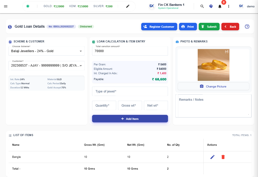 FinApp loan creation screen showing customer details, loan calculation, jewellery entry and photo capture