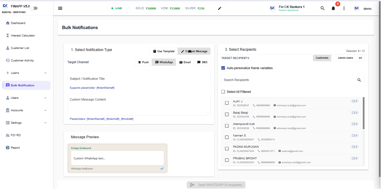 CK Tech FinApp Bulk Notification Screen