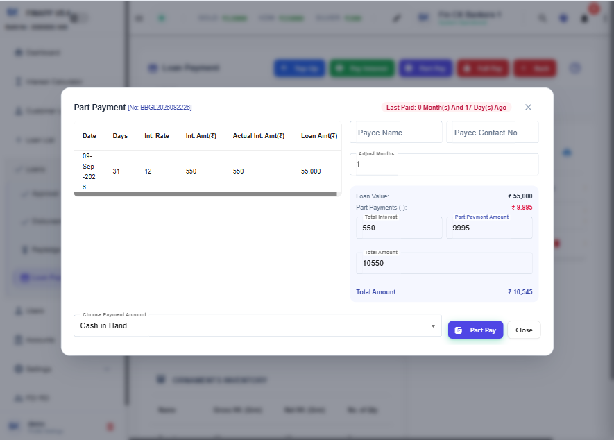 FinApp loan payment screen for interest payment, part payment and full loan closure