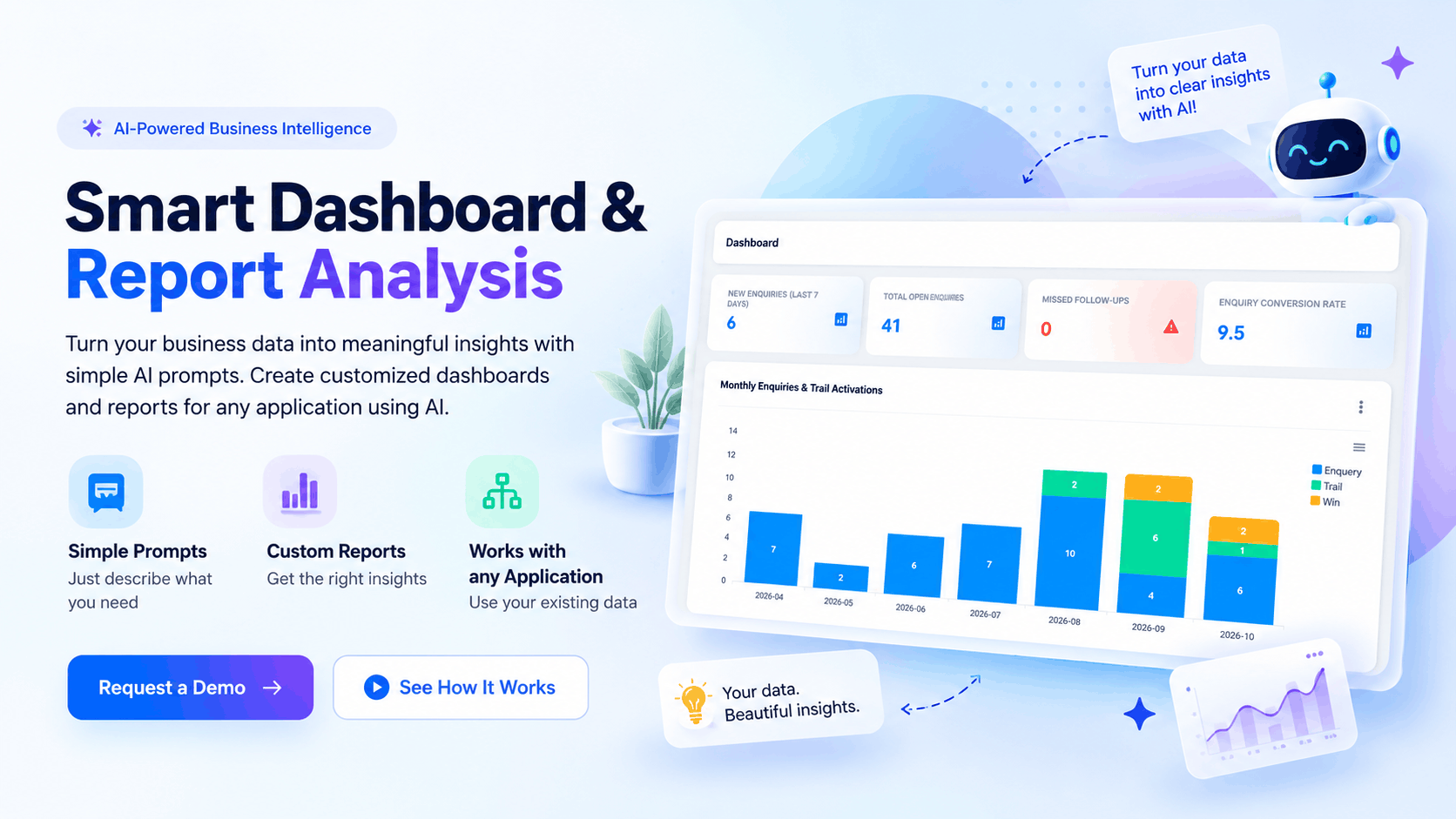 CK Tech Solutions dashboard showing new enquiries, open enquiries, missed follow-ups, conversion rate and monthly performance